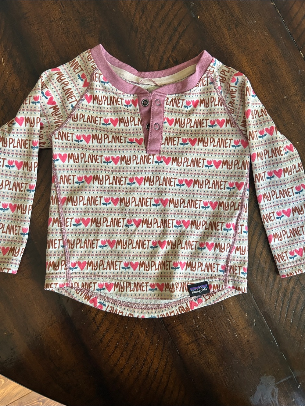 Patagonia Kids Long Sleeve Henley Tee in Pink & Cream with Heart Print